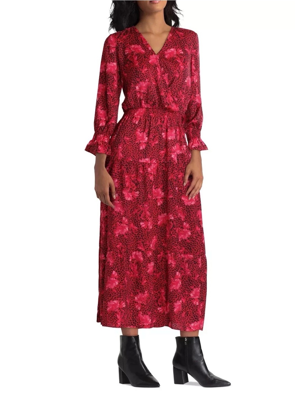 Gigi Parker Long Sleeve Red Floral V-Neck Maxi Dress size L